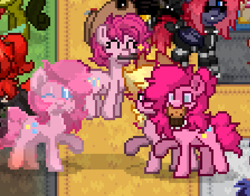 Size: 671x525 | Tagged: safe, pinkie pie, oc, oc:harmony star, pony, pony town, g4, dancing, harmonycon, jumping