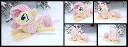 Size: 4755x1754 | Tagged: safe, artist:peruserofpieces, fluttershy, pegasus, pony, g4, beanie (plushie), cute, daaaaaaaaaaaw, female, happy, irl, lying down, mare, photo, plushie, prone, shyabetes, smiling, snow, sploot, tree, wings