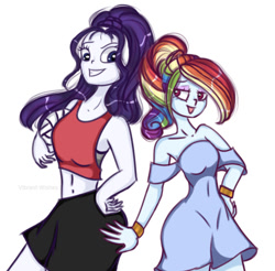 Size: 794x781 | Tagged: dead source, safe, artist:vibrantwishes, rainbow dash, rarity, human, equestria girls, g4, alternate hairstyle, clothes, dress, duo, duo female, female, girly, girly girl, personality swap, rainbow dash always dresses in style, role reversal, simple background, sports outfit, tomboy, tomboy rarity, tomboy taming, white background