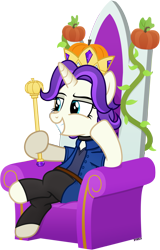 Size: 3340x5220 | Tagged: safe, artist:a4r91n, pony, unicorn, abigail (stardew valley), clothes, crossover, crown, grin, hoof hold, jewelry, ponified, pumpkin, regalia, scepter, simple background, sitting, smiling, stardew valley, throne, transparent background, vector