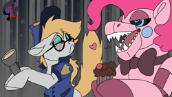 Size: 3840x2160 | Tagged: safe, artist:brainiac, pinkie pie, oc, oc:gray star, earth pony, pony, g4, animatronic, commission, female, five nights at pinkie's, high res, mare, night guard, security guard