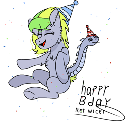 Size: 768x768 | Tagged: safe, artist:valkiria, derpibooru exclusive, oc, oc only, oc:cloud drift, pegasus, pony, augmented tail, birthday, birthday gift, blank flank, chest fluff, confetti, eyes closed, female, hat, mare, open mouth, party hat, raised hoof, simple background, sitting, solo, white background