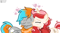 Size: 1944x1100 | Tagged: safe, artist:redpalette, oc, oc:red palette, oc:shade flash, pegasus, pony, unicorn, bandana, blushing, cheek kiss, clothes, floating heart, freckles, heart, kissing, scarf, simple background, smiling, white background