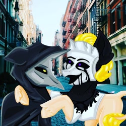 Size: 1000x1000 | Tagged: dead source, safe, artist:princess_skyresh_glow, earth pony, goo, pony, acid, antagonist, anti-villain, black sclera, black tears, cloak, clothes, duo, laughing, leonine tail, mask, mind control, outdoors, plague doctor, ponified, possessed, scp, scp-035, scp-049, side hug, unshorn fetlocks
