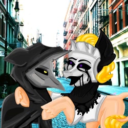 Size: 1000x1000 | Tagged: dead source, safe, alternate version, artist:princess_skyresh_glow, earth pony, goo, pony, acid, antagonist, anti-villain, black sclera, black tears, cloak, clothes, duo, laughing, leonine tail, mask, mind control, outdoors, plague doctor, ponified, possessed, scp, scp-035, scp-049, side hug, unshorn fetlocks