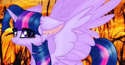 Size: 1080x565 | Tagged: dead source, safe, alternate version, artist:kefir, artist:princess_skyresh_glow, twilight sparkle, alicorn, pony, g4, base used, ear fluff, eye clipping through hair, eyelashes, female, horn, mare, outdoors, smiling, solo, tree, twilight sparkle (alicorn), wings