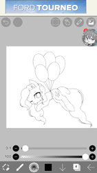 Size: 720x1280 | Tagged: safe, artist:aleurajan, pinkie pie, earth pony, pony, g4, :p, balloon, cute, diapinkes, ear fluff, eyelashes, female, floating, flying, lineart, mare, one eye closed, simple background, solo, then watch her balloons lift her up to the sky, tongue out, white background, wink