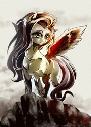 Size: 1600x2240 | Tagged: safe, artist:zetamad, fluttershy, pegasus, pony, g4, cliff, female, mare, raised hoof, solo, spread wings, standing, three quarter view, turned head, wings