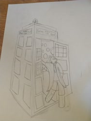 Size: 3456x4608 | Tagged: safe, artist:acid flask, derpibooru exclusive, doctor whooves, time turner, g4, doctor who, drawing, leaning on wall, paper, pencil, police box, sketch, small smile, tardis, tardis control room, traditional art, wibbly wobbly timey wimey stuff