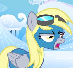 Size: 1498x1398 | Tagged: safe, artist:melissaterss, derpy hooves, pegasus, pony, g4, clothes, cloud, commission, derpy hooves is not amused, female, goggles, mare, open mouth, solo, unamused, uniform, wonderbolts, wonderbolts uniform, ych result