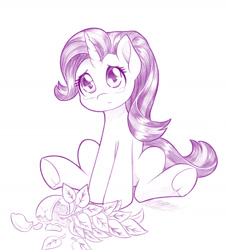 Size: 1280x1404 | Tagged: safe, artist:dstears, phyllis, starlight glimmer, pony, unicorn, g4, broken, crying, female, frown, looking up, mare, monochrome, philodendron, phyllis no!, plant, potted plant, sad, simple background, sitting, solo, teary eyes, underhoof, white background