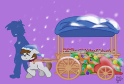 Size: 1024x692 | Tagged: safe, artist:pickfairy, oc, oc:pickfairy, human, pony, cart, chocolate, clothes, duo, food, hot chocolate, pulling, purple background, simple background, snow, winter, winter outfit