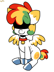 Size: 1272x1691 | Tagged: safe, artist:spritecranbirdie, oc, oc only, oc:al kohal, pegasus, pony, anorexic, bell, bell collar, collar, covered eyes, cutie mark, male, multicolored hair, simple background, sitting, smiley face, smiling, solo, transparent background, unshorn fetlocks