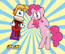 Size: 2636x2200 | Tagged: safe, artist:spritecranbirdie, pinkie pie, earth pony, pony, g4, bipedal, collaboration, cross-eyed, crossover, cutie mark, duo, female, funny face, high res, male, pinkie pie is best facemaker, rayman, tongue out