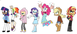Size: 8904x3970 | Tagged: safe, artist:spritecranbirdie, applejack, fluttershy, pinkie pie, rainbow dash, rarity, sci-twi, sunset shimmer, twilight sparkle, human, equestria girls, g4, :p, accessory, applejack's hat, clothes, converse, cowboy hat, dark skin, dress, female, glasses, gloves, group, hat, hoodie, humane five, humane seven, humane six, humanized, makeup, pale skin, pants, redesign, shoes, shorts, simple background, tongue out, transparent background, wristband
