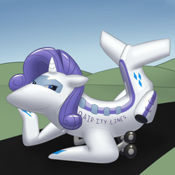 Size: 2000x2000 | Tagged: safe, artist:balloon-quilava, rarity, inflatable pony, original species, pooltoy pony, g4, air nozzle, commission, high res, inanimate tf, inflatable, looking at you, not salmon, plane, planeified, pool toy, pose, smiling, species swap, transformation, wat