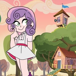 Size: 1000x1000 | Tagged: safe, artist:11_corpse_11, sweetie belle, human, g4, clothes, clubhouse, crusaders clubhouse, female, humanized, outdoors, simple background, skirt, smiling, solo, tree, treehouse, white background