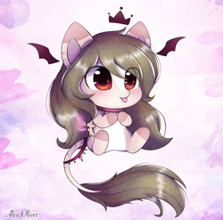 Size: 1877x1855 | Tagged: safe, artist:aleurajan, oc, oc only, bat pony, pony, :p, bat pony oc, bat wings, chibi, choker, colored hooves, crown, floating wings, jewelry, leonine tail, regalia, sitting, solo, tongue out, wings