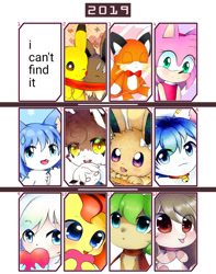 Size: 793x1008 | Tagged: safe, artist:aleurajan, oc, oc only, cat, eevee, fox, human, pikachu, pony, anthro, amy rose, anthro with ponies, chibi, choker, clothes, collar, colored hooves, eyes closed, heart, heart pillow, hug, looking up, pillow, pokémon, scarf, shared clothing, shared scarf, smiling, sonic the hedgehog (series)