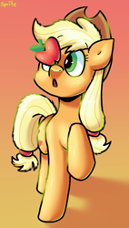 Size: 884x1553 | Tagged: safe, artist:spritecranbirdie, applejack, earth pony, pony, g4, apple, applejack's hat, balancing, cowboy hat, cute, cutie mark, female, food, fruit, hat, jackabetes, ponies balancing stuff on their nose, silly, silly pony, solo, that pony sure does love apples, who's a silly pony