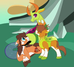 Size: 1809x1632 | Tagged: safe, artist:radicalhat, thorax, oc, oc:heart chaser, oc:hemolymph, changedling, changeling, changepony, earth pony, hybrid, pony, g4, canon x oc, couple, family, gay, interspecies offspring, king thorax, lying down, magical gay spawn, male, offspring, parent:oc:heart chaser, parent:thorax, parents:canon x oc, rock, shipping