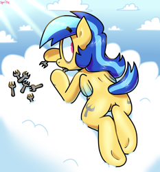 Size: 1712x1838 | Tagged: safe, artist:spritecranbirdie, oc, oc only, oc:sparky, pegasus, pony, cloud, colored wings, cutie mark, eating, fork, gradient wings, male, rear view, sky, solo, two toned mane, two toned tail, wings