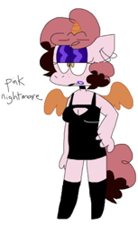 Size: 344x562 | Tagged: safe, artist:spritecranbirdie, oc, oc only, oc:pink nightmare, alicorn, anthro, black dress, breasts, cleavage, clothes, cropped, dress, ear piercing, female, footwear, freckles, heterochromia, lipstick, makeup, piercing, solo
