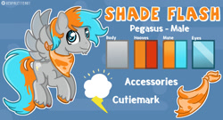 Size: 1280x691 | Tagged: safe, artist:redpalette, oc, oc:shade flash, pegasus, pony, commission, cute, cutie mark, male, neckerchief, pegasus oc, reference sheet, stallion, wings