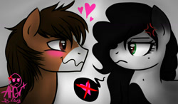 Size: 1280x750 | Tagged: safe, artist:amgiwolf, oc, oc only, oc:amgi, earth pony, pony, bust, cross-popping veins, duo, eyelashes, female, frown, heart, heartbreak, male, mare, pictogram, shipping denied, signature, stallion, unamused, wavy mouth