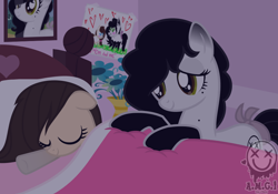Size: 836x586 | Tagged: safe, artist:amgiwolf, oc, oc only, oc:amgi, oc:huny, earth pony, pony, bed, blanket, coat markings, earth pony oc, eyelashes, eyes closed, female, filly, indoors, mare, mother and child, mother and daughter, pillow, signature, sleeping, smiling, socks (coat markings)