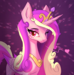 Size: 2008x2036 | Tagged: safe, artist:xbi, princess cadance, alicorn, pony, g4, abstract background, blowing a kiss, concave belly, crown, ear fluff, female, floating heart, heart, high res, jewelry, long mane, looking at you, mare, peytral, princess of love, regalia, slender, solo, sternocleidomastoid, thin