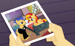 Size: 1700x1062 | Tagged: safe, artist:dashiesparkle, artist:grapefruitface1, artist:yuandnichigopictures, flash sentry, sunset shimmer, pony, g4, bedroom eyes, bowtie, clothes, female, hand, hotel room, looking at each other, male, photo, ship:flashimmer, shipping, show accurate, standing, straight, tuxedo