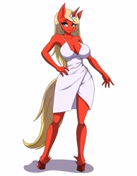 Size: 2480x3189 | Tagged: safe, artist:desingahv, oc, oc only, oc:scarlet rose, unicorn, anthro, absolute cleavage, bare shoulders, big breasts, blonde, blue eyes, breasts, busty scarlet rose, cleavage, clothes, dress, eyeshadow, female, high res, hooves, jewelry, long hair, long tail, looking at you, makeup, mascara, pose, simple background, white background, wide hips