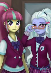 Size: 1748x2480 | Tagged: safe, artist:missfluffycuffs, sour sweet, sugarcoat, equestria girls, g4, clothes, crystal prep academy uniform, female, freckles, glasses, looking at you, ponytail, school uniform, smiling