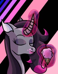 Size: 1005x1280 | Tagged: safe, artist:superhypersonic2000, oleander (tfh), them's fightin' herds, community related, digital art, eating, eyes closed, female, food, glowing horn, horn, ice cream, magic, mare, simple background, solo