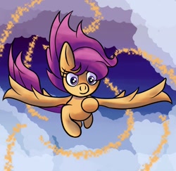 Size: 1280x1244 | Tagged: safe, artist:superhypersonic2000, scootaloo, pegasus, pony, g4, cloud, digital art, female, flying, mare, scootaloo can fly, sky, spread wings, wings
