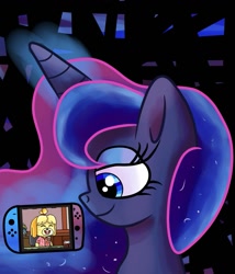 Size: 1097x1280 | Tagged: safe, artist:superhypersonic2000, princess luna, alicorn, dog, pony, g4, animal crossing, bedroom eyes, digital art, female, glowing horn, horn, isabelle, magic, mare, nintendo switch, smiling, solo, video game