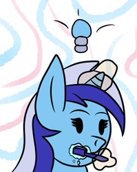 Size: 1021x1280 | Tagged: safe, artist:superhypersonic2000, minuette, pony, unicorn, g4, brushie, brushing, digital art, female, glowing horn, horn, magic, mare, solo, toothbrush