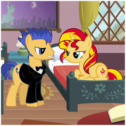 Size: 1370x1370 | Tagged: safe, artist:dashiesparkle, artist:grapefruitface1, artist:yuandnichigopictures, flash sentry, sunset shimmer, pony, unicorn, g4, bedroom eyes, bowtie, clothes, female, hotel room, looking at each other, male, ship:flashimmer, shipping, show accurate, standing, straight, tuxedo