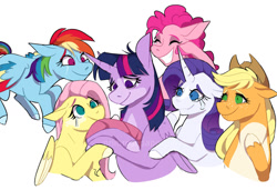 Size: 1280x875 | Tagged: safe, artist:primrosepaper, applejack, fluttershy, pinkie pie, rainbow dash, rarity, twilight sparkle, alicorn, earth pony, pegasus, pony, unicorn, g4, applejack's hat, baby, baby pony, child, cowboy hat, crying, curved horn, eyes closed, female, filly, fluttermom, foal, freckles, hat, horn, lesbian, liquid pride, magical lesbian spawn, mama dash, mama pinkie, mama rarity, mama twilight, mane six, mommajack, mother, mother and child, multiple parents, newborn, offspring, omniship, parent:applejack, parent:fluttershy, parent:pinkie pie, parent:rainbow dash, parent:rarity, parent:twilight sparkle, parents:omniship, shipping, simple background, tears of joy, teary eyes, teeth, twilight sparkle (alicorn), white background, wiping tears