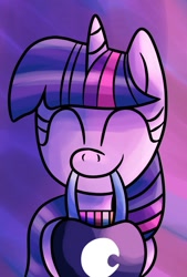 Size: 867x1280 | Tagged: safe, artist:superhypersonic2000, twilight sparkle, pony, unicorn, g4, digital art, eyes closed, female, horn, mare, mouth hold, smiling, solo, unicorn twilight