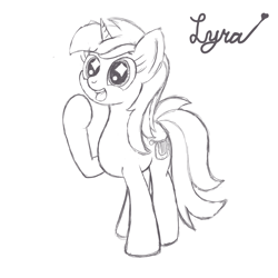 Size: 1200x1200 | Tagged: safe, artist:dafiltafish, lyra heartstrings, pony, unicorn, g4, black and white, grayscale, happy, monochrome, simple background, sketch, solo, text, white background