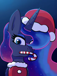 Size: 953x1280 | Tagged: safe, artist:superhypersonic2000, princess luna, alicorn, pony, g4, candy, candy cane, christmas, clothes, costume, digital art, female, food, hat, holiday, horn, looking at you, mare, mouth hold, santa costume, santa hat, solo