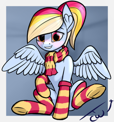 Size: 1300x1393 | Tagged: safe, alternate version, artist:colourwave, oc, oc only, oc:colourwave, pegasus, pony, blushing, clothes, cute, female, frog (hoof), mare, not rainbow dash, ponytail, scarf, signature, sitting, smiling, socks, solo, stockings, striped socks, thigh highs, underhoof, wings