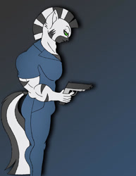 Size: 1024x1326 | Tagged: safe, artist:gh0stzr01, oc, oc only, zebra, anthro, clothes, commission, digital art, gun, handgun, looking at you, male, side view, simple background, solo, zebra oc