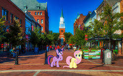 Size: 1920x1198 | Tagged: safe, artist:dashiesparkle edit, edit, vector edit, fluttershy, twilight sparkle, alicorn, pegasus, pony, g4, burlington, female, irl, mare, photo, ponies in real life, story included, twilight sparkle (alicorn), vector, vermont