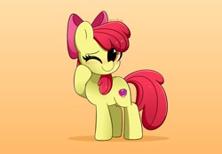 Size: 4096x2845 | Tagged: safe, artist:kittyrosie, apple bloom, earth pony, pony, g4, adorabloom, apple bloom's bow, blushing, bow, cute, female, filly, hair bow, hoof on cheek, looking at you, one eye closed, smiling, solo, wink