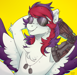 Size: 1222x1188 | Tagged: source needed, safe, artist:blissful dreams, oc, oc only, oc:sarif, pegasus, semi-anthro, amputee, arm behind head, chest fluff, commission, crossover, cyberpunk, cyberpunk 2077, dog tags, johnny silverhand, prosthetic limb, prosthetics, solo, sunglasses, two toned wings, wings, ych result