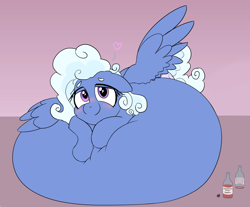 Size: 2358x1950 | Tagged: safe, artist:comfyplum, artist:tai kai, edit, oc, oc only, oc:comfy pillow, pegasus, pony, belly, belly bed, big belly, bottle, female, huge belly, impossibly large belly, inflation, looking at you, solo, wings
