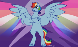 Size: 1500x900 | Tagged: safe, artist:pigeorgien, rainbow dash, pegasus, pony, g4, bipedal, crossed hooves, female, forelegs crossed, lightning, mare, rainbow, solo, spread wings, standing on two hooves, wings